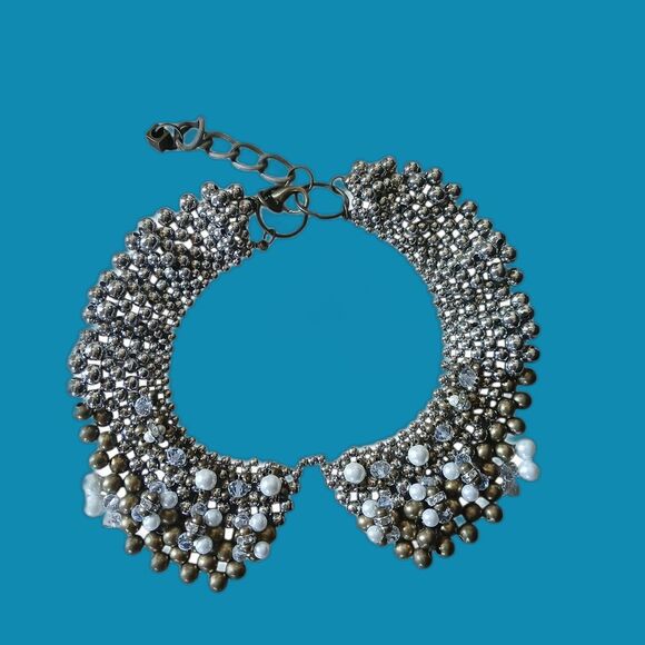 Pam Hiram Anthropologie Faux Pearl Crystal Peter Pan Collar Choker Necklace - Picture 5 of 14